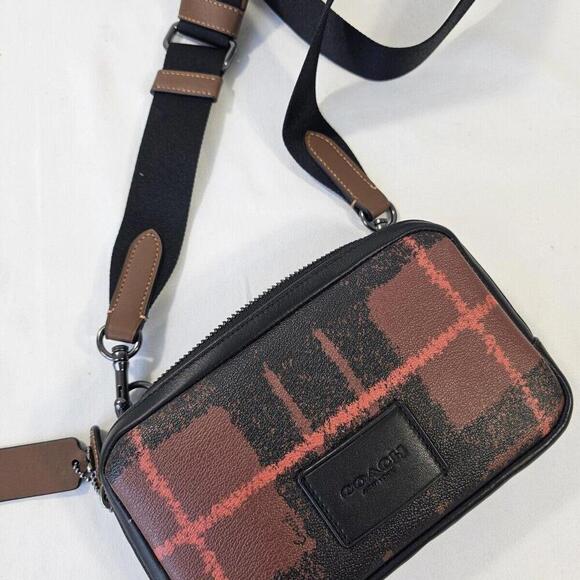 Coach Handbags - New COACH Carrier Phone Crossbody With Window Pane Plaid Print Black Brown